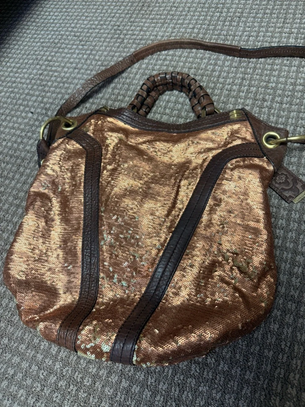 orYANY Copper Sequin Hobo with Brown Leather Trim